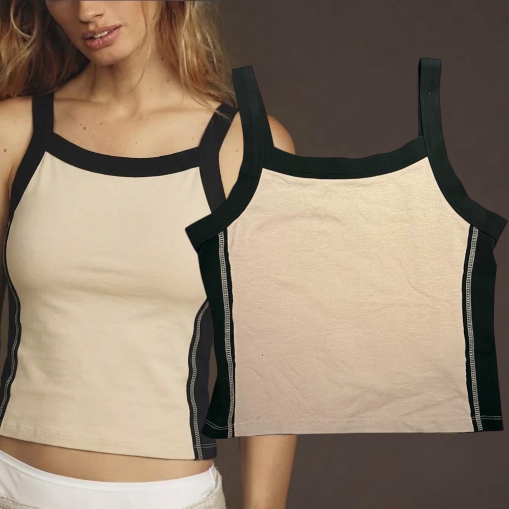 Pilcro Anthropologie Tank Top Colorblock Contrast Stitch Beige Black Medium